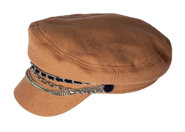 白い背景にバイザー付きのファッションブラウンの帽子 キャップ女性 カラー帽子 — ストック写真