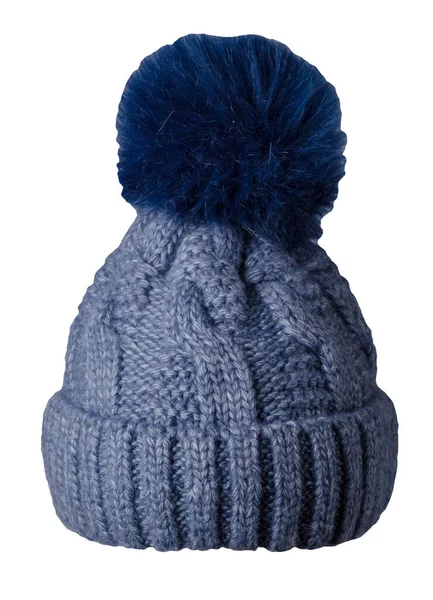白い背景に隔離されたニットブルーの帽子 ポンポン付きの帽子 — ストック写真