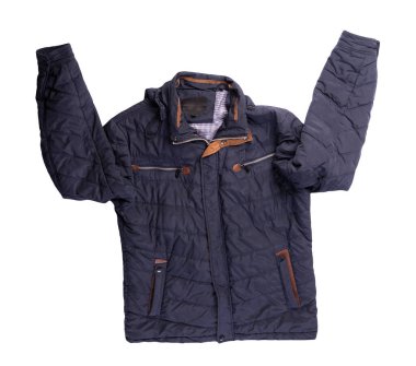 Beyaz arka planda izole edilmiş kapüşonlu koyu mavi ceketli adamlar. Rüzgarlık ceketli üst manzara. Sıradan stil