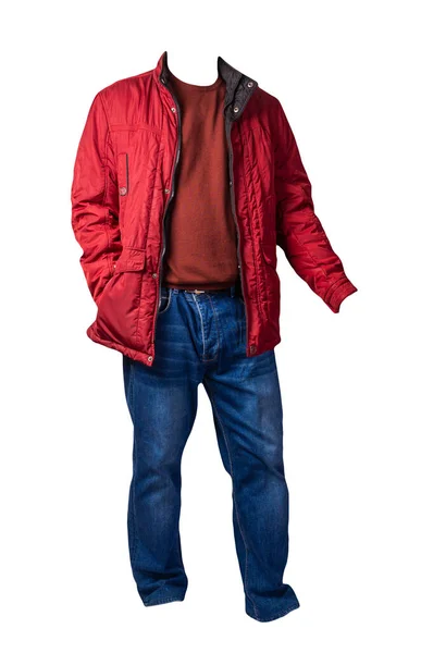 Червона Куртка Блискавкою Темно Червоний Светр Сині Джинси Ізольовані Білому — стокове фото