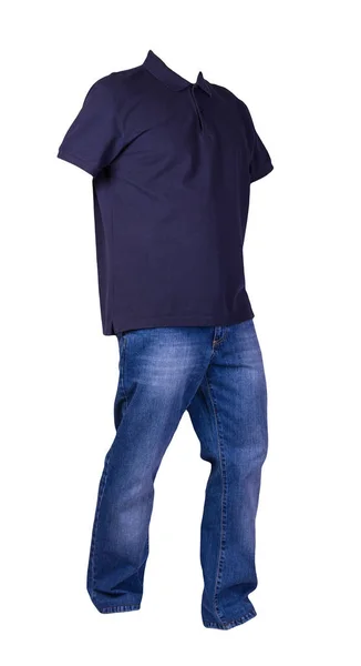 Camiseta Azul Oscuro Los Hombres Con Cuello Abotonado Vaqueros Azules —  Fotos de Stock