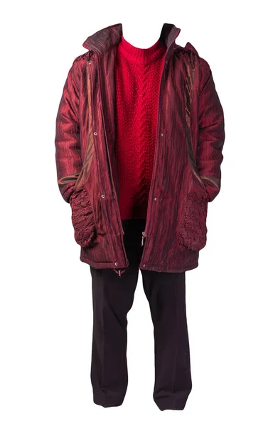 Pantaloni Neri Donna Cappotto Autunno Rosso Scuro Maglione Rosso Lavorato — Foto Stock