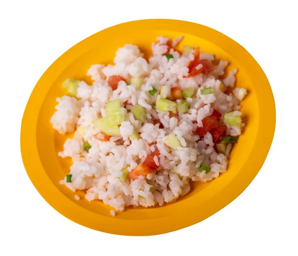 Arroz Con Verduras Plato Amarillo Aislado Sobre Fondo Blanco Arroz — Foto de Stock