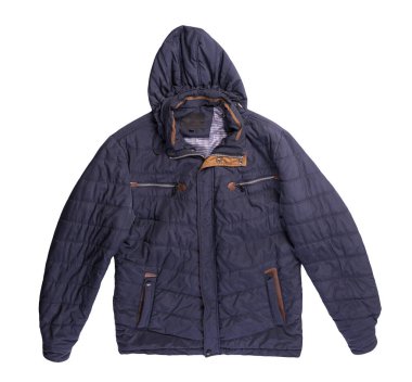 Beyaz arka planda izole edilmiş kapüşonlu koyu mavi ceketli adamlar. Rüzgarlık ceketli üst manzara. Sıradan stil