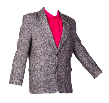 Düğmeli gri ceket, yakalı kırmızı tişört ve beyaz arka planda izole edilmiş düğmeler. Sıradan stil