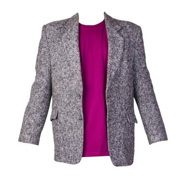 Düğmeli gri ceket ve beyaz arka planda izole edilmiş bordo tişört. Sıradan stil