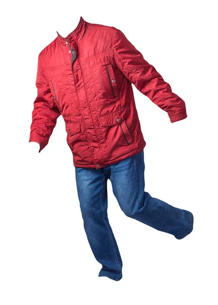 Red Men Jacket Blue Jeans Isolated White Background Casual Clothing — Stock Photo, Image