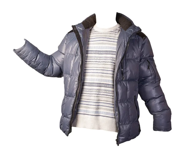 Blaue Jacke Und Weiß Blau Grau Weißer Pullover Isoliert Auf — Stockfoto