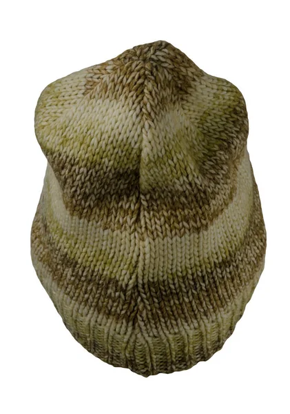 Cappello Marrone Beige Verde Lavorato Maglia Isolato Uno Sfondo Bianco — Foto Stock