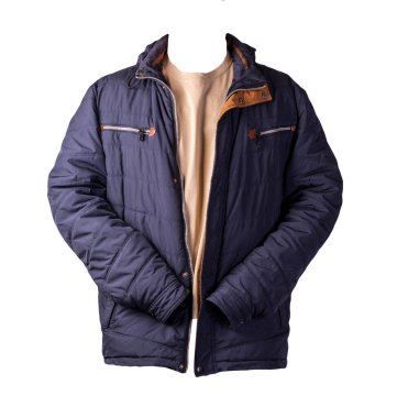 Koyu mavi fermuarlı ceket ve beyaz arka planda izole edilmiş biege tişörtü. Sıradan stil