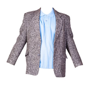 Düğmeli gri ceket ve yakalı mavi tişört ve beyaz arka planda izole edilmiş düğmeler. Sıradan stil