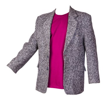 Düğmeli gri ceket ve beyaz arka planda izole edilmiş bordo tişört. Sıradan stil