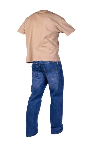 Pánské Béžové Tričko Knoflíkovými Límečky Modrými Džínami Izolované Bílém Pozadí — Stock fotografie