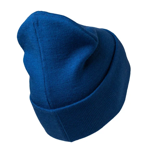 白色背景上的蓝色针织帽子 休闲风格的时尚服饰 — 图库照片