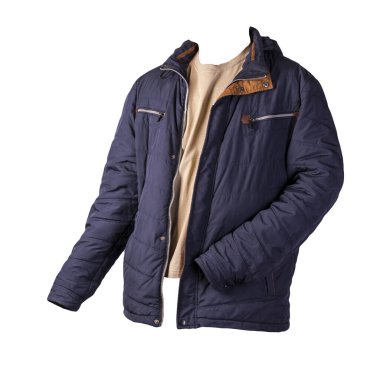 Koyu mavi fermuarlı ceket ve beyaz arka planda izole edilmiş biege tişörtü. Sıradan stil