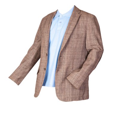 Düğmeli kahverengi ceket ve yakalı mavi tişört ve beyaz arka planda izole edilmiş düğmeler. Sıradan stil