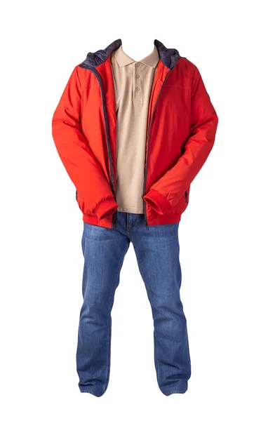 Röd Jacka Beige Skjorta Och Blå Jeans Isolerad Vit Bakgrund — Stockfoto