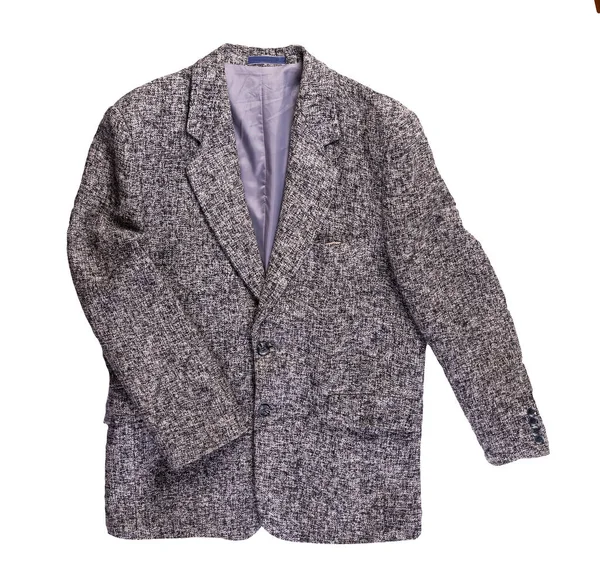 Beyaz arka planda düğmeleri olan gri ceketli adamlar. Ceketin üst görüntüsü. Sıradan stil