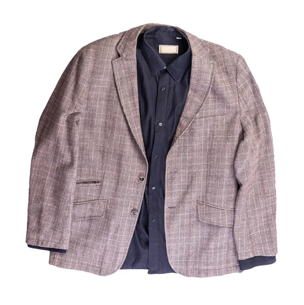 Siyah gömlekli düğmeli kahverengi ceketli erkekler beyaz arka planda izole edilmiş. Ceket üst görüntüde. Sıradan stil