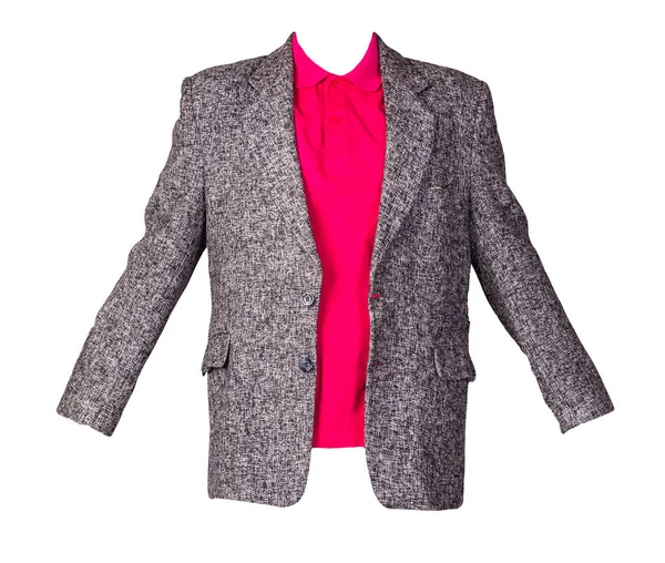 Düğmeli gri ceket, yakalı kırmızı tişört ve beyaz arka planda izole edilmiş düğmeler. Sıradan stil