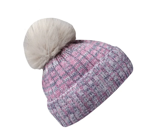 Knitted Pink Purple Hat Isolated White Background Hat Pompon — Stock Photo, Image