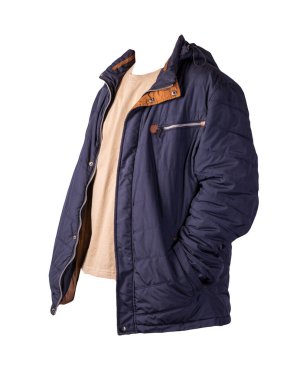 Koyu mavi fermuarlı ceket ve beyaz arka planda izole edilmiş biege tişörtü. Sıradan stil