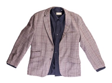 Siyah gömlekli düğmeli kahverengi ceketli erkekler beyaz arka planda izole edilmiş. Ceket üst görüntüde. Sıradan stil