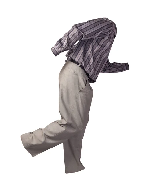Men Gray Striped Shirt Light Gray Pants Isolated White Background — Stock Photo, Image