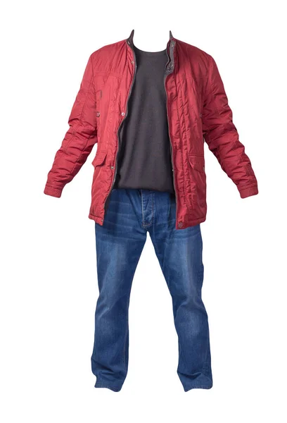 红色夹克 深蓝色毛衣和蓝色牛仔裤 白色背景隔离 休闲装 — 图库照片