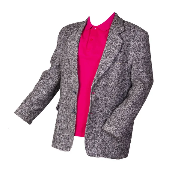 Düğmeli gri ceket, yakalı kırmızı tişört ve beyaz arka planda izole edilmiş düğmeler. Sıradan stil