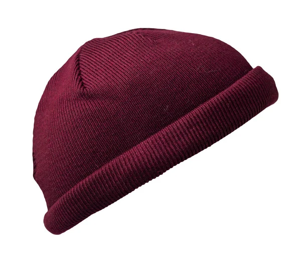 Docker Knitted Burgundy Hat Isolated White Background Fashionable Rapper Hat — Stock Photo, Image