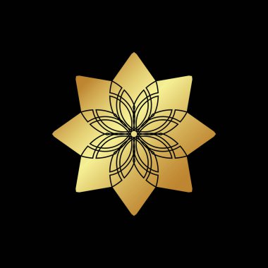 Siyah arka plan üzerinde dairesel geometrik süsleme. Vektör süs altın izole şekil, çiçek ya da dini amblem tasarımınız için