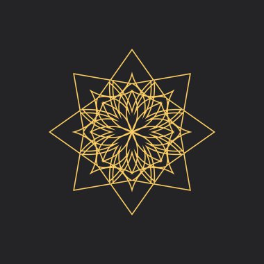 Siyah arka plan üzerine doğrusal geometrik süsleme. Vektör süs altın izole şekil, çiçek ya da dini amblem tasarımınız için