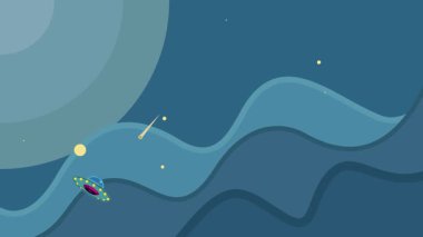 Dış uzay çizgi filmlerindeki UFO animasyon arka plan videosu. Astronomi ve bilim kurgu animasyonları için kayan yıldız ile dış uzay keşfi hareketli görüntü grafiksel tasarım 