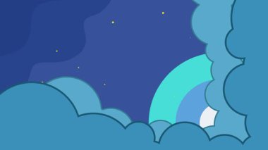 Uzay çizgi filminin arka plan animasyon videosuna roket fırlatma. Astronomi ve bilim teknolojisi için yıldızlar ve bulut gökyüzü ile dış uzay keşfi hareketli görüntü grafiksel çizim tasarımı