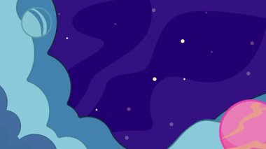 Uzay çizgi filmlerindeki animasyon arka plan videolarına roket fırlatma. Astronomi ve bilim teknolojisi için yıldızlar ve gezegen ile dış uzay keşfi hareketli görüntü grafiksel tasarım animasyonu 