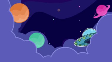 Dış uzay çizgi filmlerindeki UFO animasyon arka plan videosu. Astronomi ve bilim kurgu animasyonu için yıldızlarla ve gezegenlerle dış uzay keşfi hareketli görüntü grafiksel tasarım 