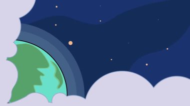 Uzay çizgi filminin arka plan animasyon videosuna roket fırlatma. Astronomi ve bilim teknolojisi için yıldızlarla ve dünyayla dış uzay keşfi hareketli görüntü grafik tasarımı