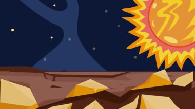 Gezegen yüzeyi manzara görüntüsü güneş çizgi filmi animasyon arka plan videosu. Astronomi ve bilim animasyon görüntüleri animasyon tasarımı için yıldızlar ve gezegenle dış uzay keşfi.