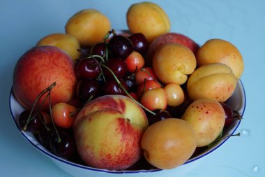 Taze meyveler ve meyveleri olan bir tabak. Tatlı kiraz, kayısı, şeftali ve nektarinler. Vitaminler ile sağlıklı gıda.      