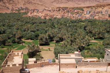 Antik bir şehir Tinghir, güzel bir yemyeşil Vaha ve palmiye korusu güneydoğu Fas, Kuzey Afrika Todra Gorge kayalık Atlas Dağları ile çevrili manzara. Eski Berber imarlı.