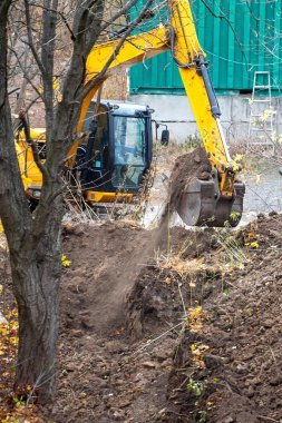 Soil is dumped from a full excavator bucket over an excavated trench among the trees, excavation is done with an excavator, vertical shot