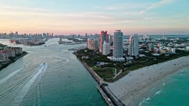 Sunset city aerial view. Luxury skyscraper of Miami beach, Florida. Cityscape of Miami beach on sunset. Miami South beach aerial. Aerial skyscraper cityscape panorama.