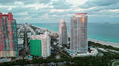 Skyscraper architecture in Miami. Miami south beach aerial. Skyscraper at south pointe park. Luxury hotel skyscraper. Aerial Miami beach. Luxury aerial landscape. South pointe. Residential house.