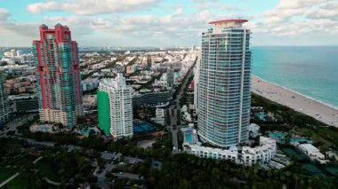 Luxury aerial landscape. South pointe. Skyscraper architecture in Miami. Miami south beach aerial. Skyscraper at south pointe park. Luxury hotel skyscraper. Aerial Miami beach. Trip to USA.