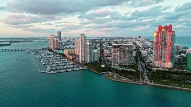 Marina aerial view. Yacht sea harbor. Luxury south beach marina. Miami skyscraper at south beach. Docked luxurious yacht boat. Luxurious life. Miami luxury marina. Summer vacation. Docked at marina.