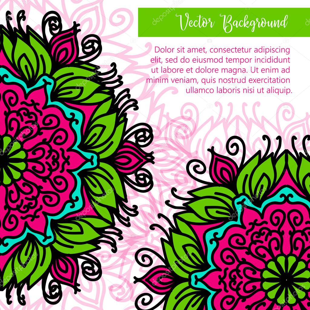 Square invite template. Vector invitation with mandala design element. Round flower ornament.