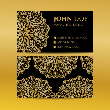 Kartvizit altın mandala dekoratif öğeler ayarlayın. Vintage dekoratif öğeler. Islam, Arapça, Indian, Fas, İspanya, Türk, pakistan, motifler.