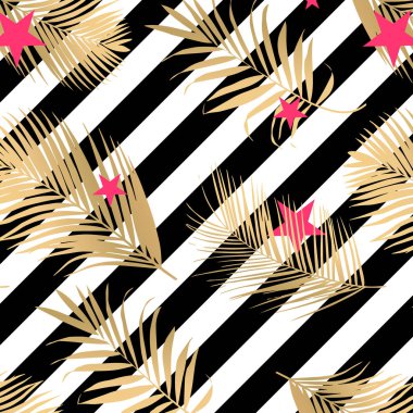 Vektör moda arka plan siyah çizgiler ve altın palmiye yaprakları ile