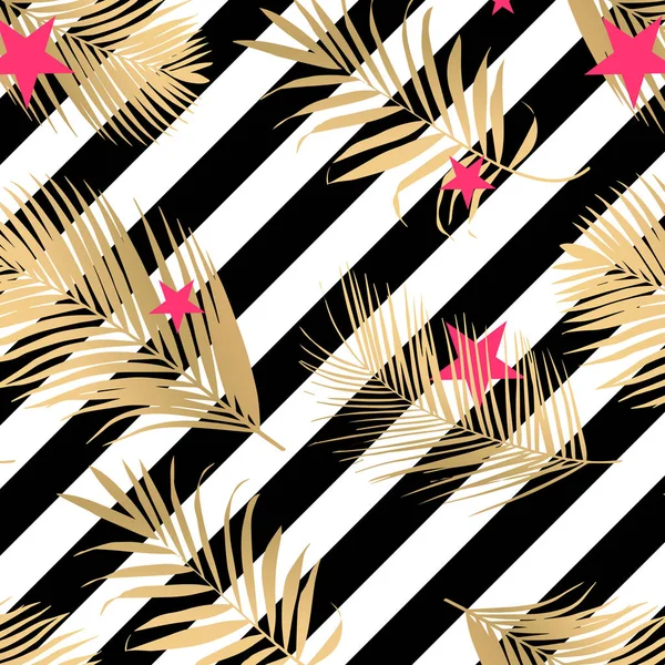 Vector fashion background with black stripes and gold palm leaves — Stock Vector